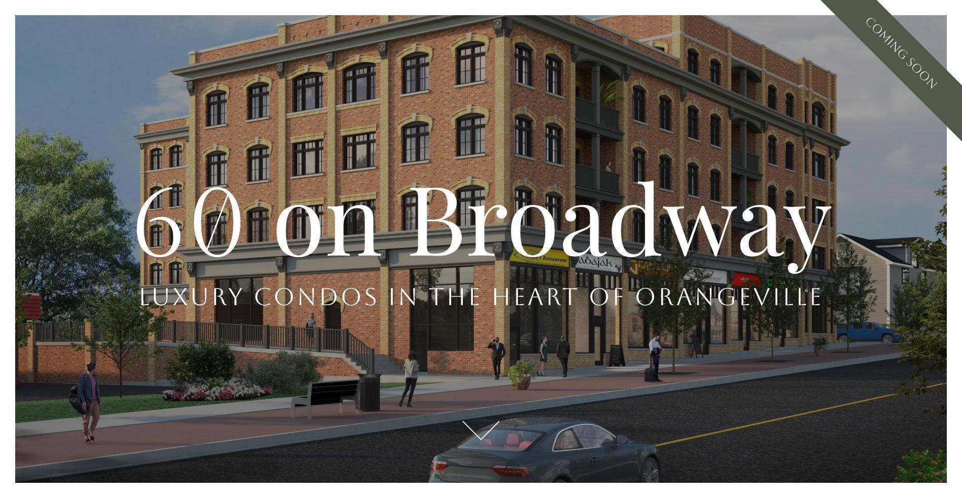 depicting a full-bleed website layout designed and developed for Orangeville Condominium Development 60 on Broadway. The website is hosted at 60onbroadway.com
